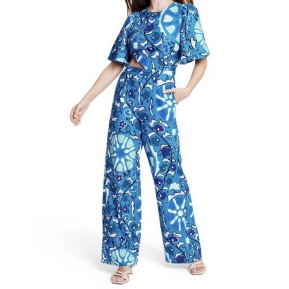 RHODE x Target Blue Zinnia Floral Linen Blend Cutout Wide Leg Jumpsuit S